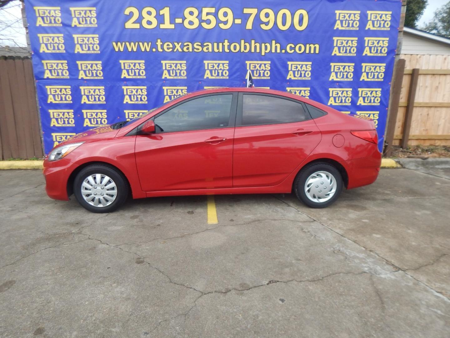 2016 RED HYUNDAI ACCENT SE 4-Door 6A (KMHCT4AE6GU) with an 1.6L L4 DOHC 16V engine, 6-SPEED AUTOMATIC transmission, located at 16710 Clay Rd., Houston, TX, 77084, (281) 859-7900, 0.000000, 0.000000 - Low Donw. Low Payments. - Photo#0