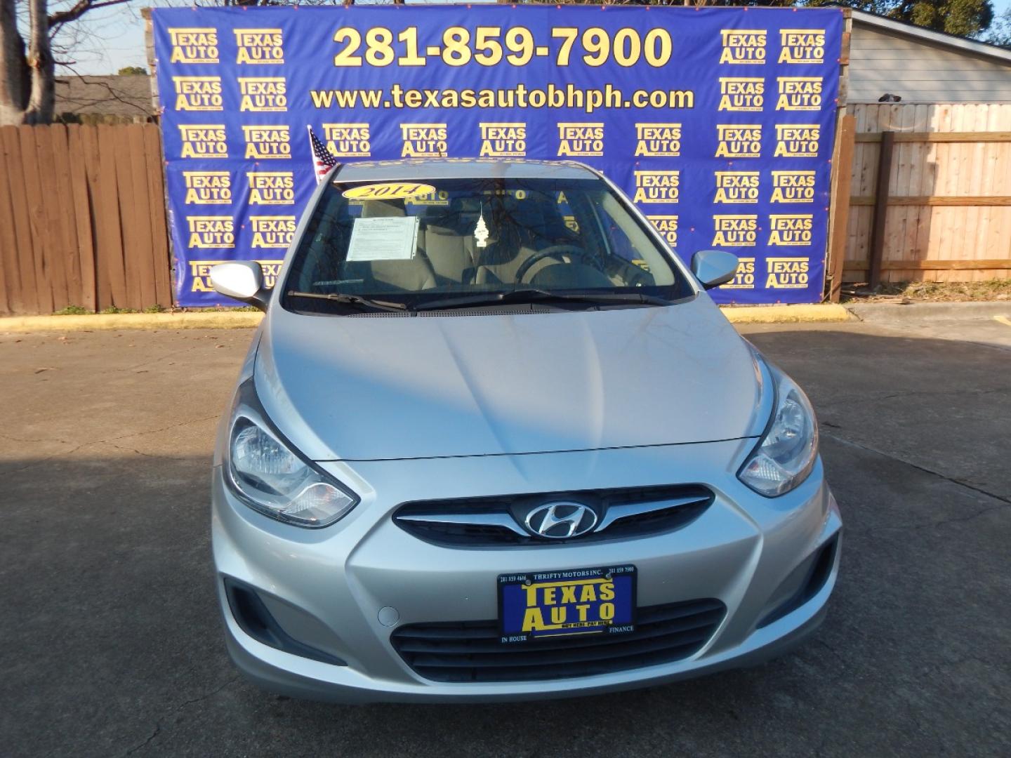 2014 SILVER HYUNDAI ACCENT GLS 4-Door (KMHCT4AE9EU) with an 1.6L L4 DOHC 16V engine, 4-SPEED AUTOMATIC OR 5-SPEED MANUAL transmission, located at 16710 Clay Rd., Houston, TX, 77084, (281) 859-7900, 0.000000, 0.000000 - Low Donw. Low Payments. - Photo#1