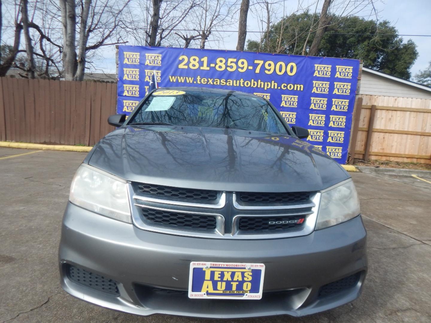 2013 GRAY DODGE AVENGER SE (1C3CDZAG9DN) with an 3.6L V6 DOHC 24V FFV engine, 6-SPEED AUTOMATIC transmission, located at 16710 Clay Rd., Houston, TX, 77084, (281) 859-7900, 0.000000, 0.000000 - Low Donw. Low Payments. - Photo#1